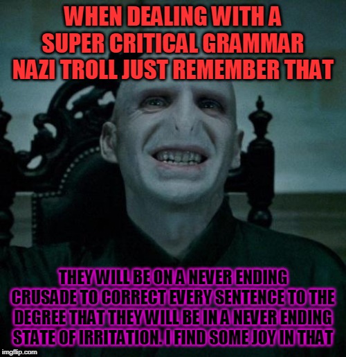 voldemort smiling | WHEN DEALING WITH A SUPER CRITICAL GRAMMAR NAZI TROLL JUST REMEMBER THAT; THEY WILL BE ON A NEVER ENDING CRUSADE TO CORRECT EVERY SENTENCE TO THE DEGREE THAT THEY WILL BE IN A NEVER ENDING STATE OF IRRITATION. I FIND SOME JOY IN THAT | image tagged in voldemort smiling | made w/ Imgflip meme maker