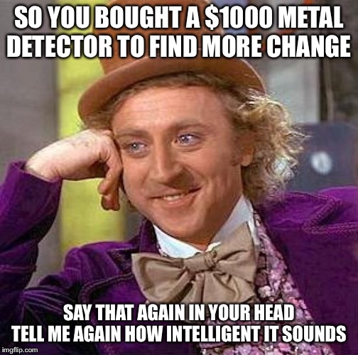 Creepy Condescending Wonka Meme | SO YOU BOUGHT A $1000 METAL DETECTOR TO FIND MORE CHANGE; SAY THAT AGAIN IN YOUR HEAD TELL ME AGAIN HOW INTELLIGENT IT SOUNDS | image tagged in memes,creepy condescending wonka | made w/ Imgflip meme maker