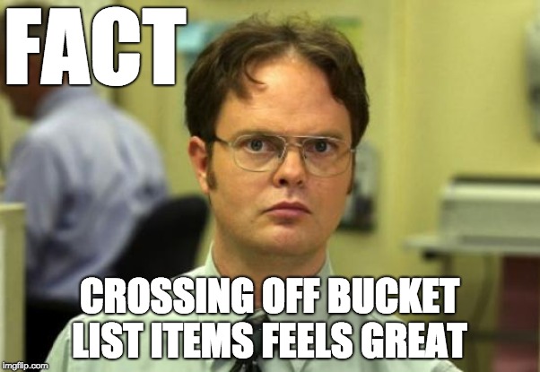 Dwight Schrute Meme |  FACT; CROSSING OFF BUCKET LIST ITEMS FEELS GREAT | image tagged in memes,dwight schrute | made w/ Imgflip meme maker