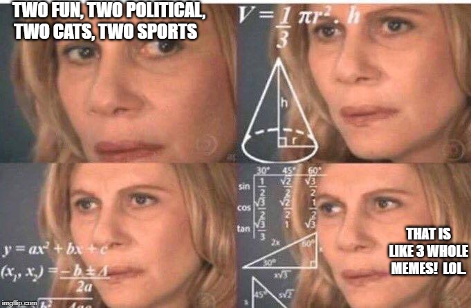 Math lady/Confused lady | TWO FUN, TWO POLITICAL, TWO CATS, TWO SPORTS THAT IS LIKE 3 WHOLE MEMES!  LOL. | image tagged in math lady/confused lady | made w/ Imgflip meme maker