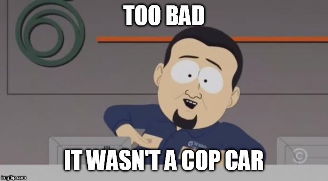 Ooo thats too bad | TOO BAD IT WASN'T A COP CAR | image tagged in ooo thats too bad | made w/ Imgflip meme maker