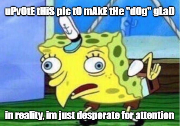 uPvOtE tHiS pIc tO mAkE tHe "dOg" gLaD in reality, im just desperate for attention | image tagged in memes,mocking spongebob | made w/ Imgflip meme maker