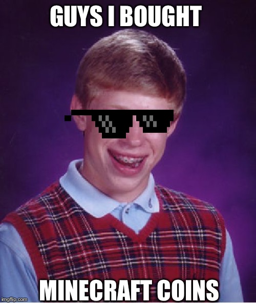 Bad Luck Brian Meme | GUYS I BOUGHT; MINECRAFT COINS | image tagged in memes,bad luck brian | made w/ Imgflip meme maker