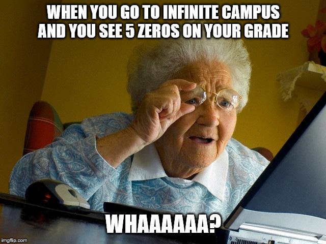 Grandma Finds The Internet Meme | WHEN YOU GO TO INFINITE CAMPUS AND YOU SEE 5 ZEROS ON YOUR GRADE; WHAAAAAA? | image tagged in memes,grandma finds the internet | made w/ Imgflip meme maker