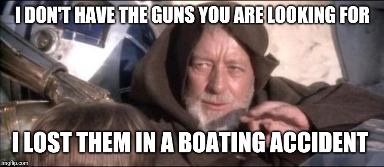 These Aren't The Droids You Were Looking For | I DON'T HAVE THE GUNS YOU ARE LOOKING FOR; I LOST THEM IN A BOATING ACCIDENT | image tagged in memes,these arent the droids you were looking for | made w/ Imgflip meme maker