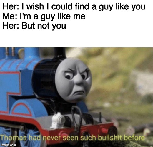 Thomas had never seen such bullshit before | Her: I wish I could find a guy like you
Me: I'm a guy like me
Her: But not you | image tagged in thomas had never seen such bullshit before | made w/ Imgflip meme maker