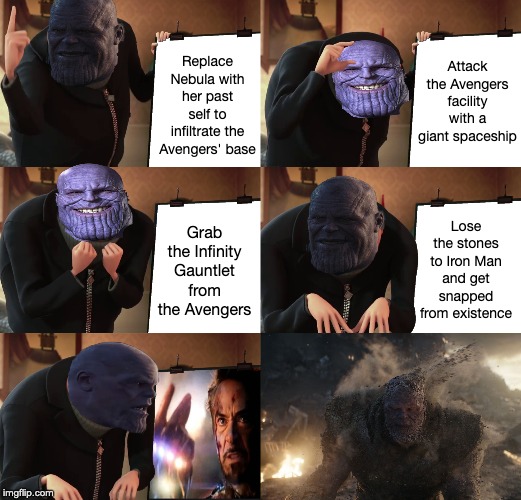 Despicable Me: Endgame | Attack the Avengers facility with a giant spaceship; Replace Nebula with her past self to infiltrate the Avengers' base; Lose the stones to Iron Man and get snapped from existence; Grab the Infinity Gauntlet from the Avengers | image tagged in avengers endgame,gru's plan,memes | made w/ Imgflip meme maker