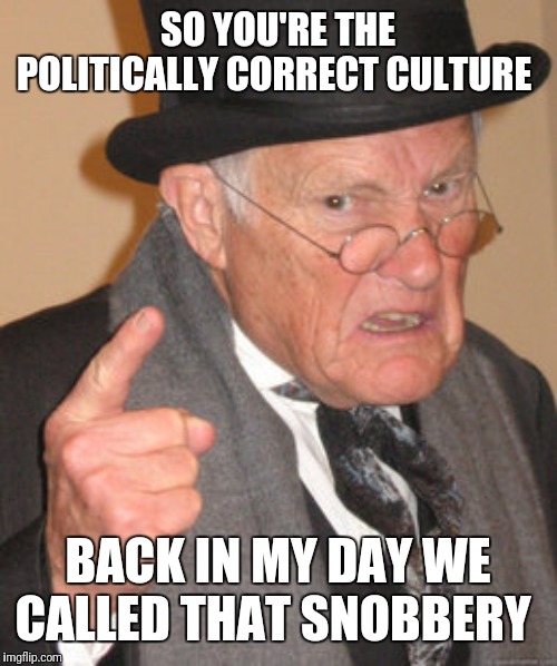Back In My Day Meme | SO YOU'RE THE POLITICALLY CORRECT CULTURE; BACK IN MY DAY WE CALLED THAT SNOBBERY | image tagged in memes,back in my day | made w/ Imgflip meme maker