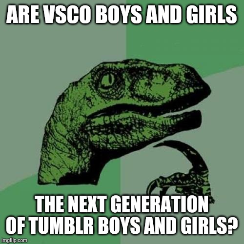 A new era is dawning on us | ARE VSCO BOYS AND GIRLS; THE NEXT GENERATION OF TUMBLR BOYS AND GIRLS? | image tagged in memes,philosoraptor,vsco,vsco boy,vsco girl | made w/ Imgflip meme maker