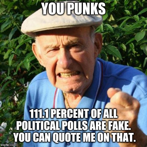 According to polls, you are a dancer | YOU PUNKS; 111.1 PERCENT OF ALL POLITICAL POLLS ARE FAKE.  YOU CAN QUOTE ME ON THAT. | image tagged in angry old man,fake news,political pools are fake,you punks,invent your own statistics | made w/ Imgflip meme maker