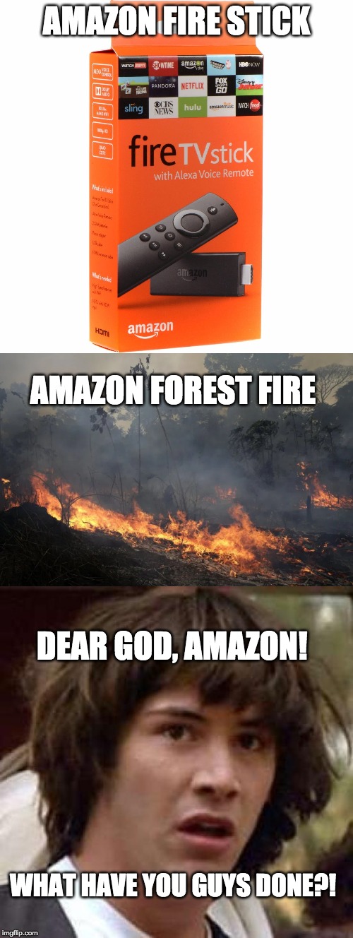 AMAZON FIRE STICK; AMAZON FOREST FIRE; DEAR GOD, AMAZON! WHAT HAVE YOU GUYS DONE?! | image tagged in memes,conspiracy keanu | made w/ Imgflip meme maker