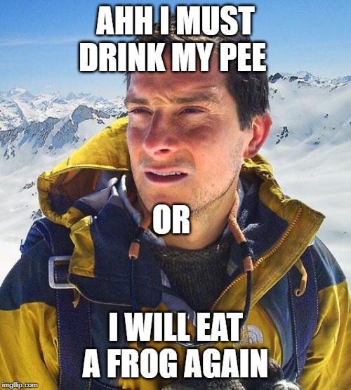 Bear Grylls |  AHH I MUST DRINK MY PEE; OR; I WILL EAT A FROG AGAIN | image tagged in memes,bear grylls | made w/ Imgflip meme maker