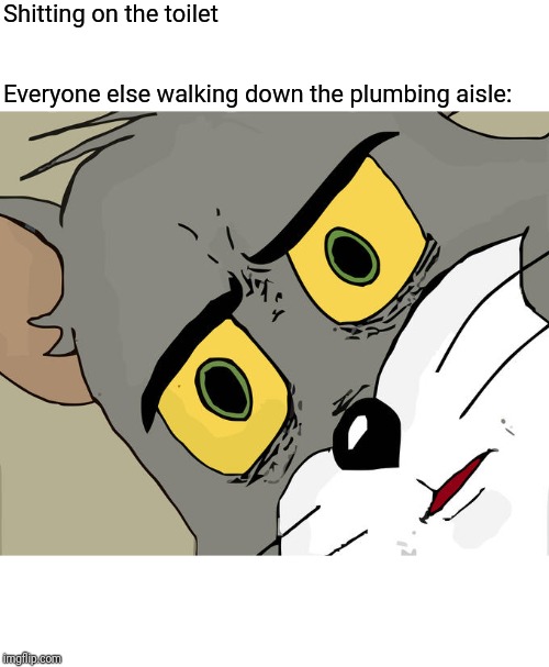 Unsettled Tom Meme | Shitting on the toilet; Everyone else walking down the plumbing aisle: | image tagged in memes,unsettled tom,retail | made w/ Imgflip meme maker