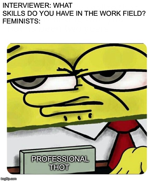 Spongebob Name tag | INTERVIEWER: WHAT SKILLS DO YOU HAVE IN THE WORK FIELD? 
FEMINISTS:; PROFESSIONAL THOT | image tagged in spongebob name tag | made w/ Imgflip meme maker