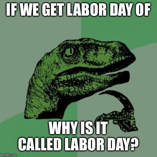 Philosoraptor | IF WE GET LABOR DAY OF; WHY IS IT CALLED LABOR DAY? | image tagged in memes,philosoraptor | made w/ Imgflip meme maker