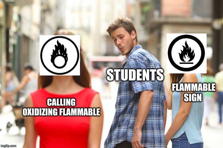 Distracted Boyfriend | STUDENTS; FLAMMABLE SIGN; CALLING OXIDIZING FLAMMABLE | image tagged in memes,distracted boyfriend | made w/ Imgflip meme maker