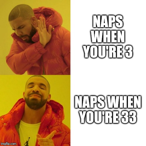 Drake Blank | NAPS WHEN YOU'RE 3; NAPS WHEN YOU'RE 33 | image tagged in drake blank | made w/ Imgflip meme maker
