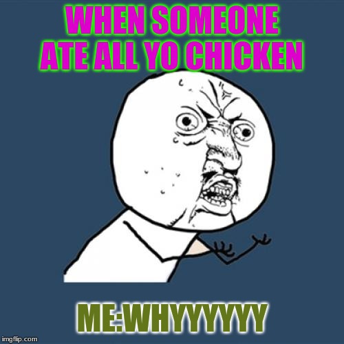 Y U No | WHEN SOMEONE ATE ALL YO CHICKEN; ME:WHYYYYYY | image tagged in memes,y u no | made w/ Imgflip meme maker