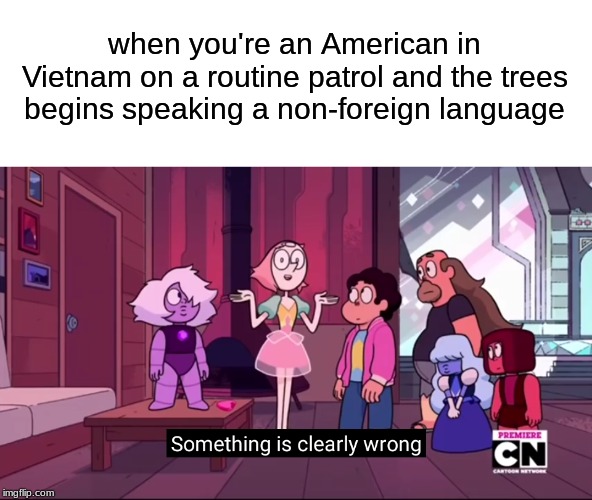 Something is clearly wrong | when you're an American in Vietnam on a routine patrol and the trees begins speaking a non-foreign language | image tagged in something is clearly wrong | made w/ Imgflip meme maker