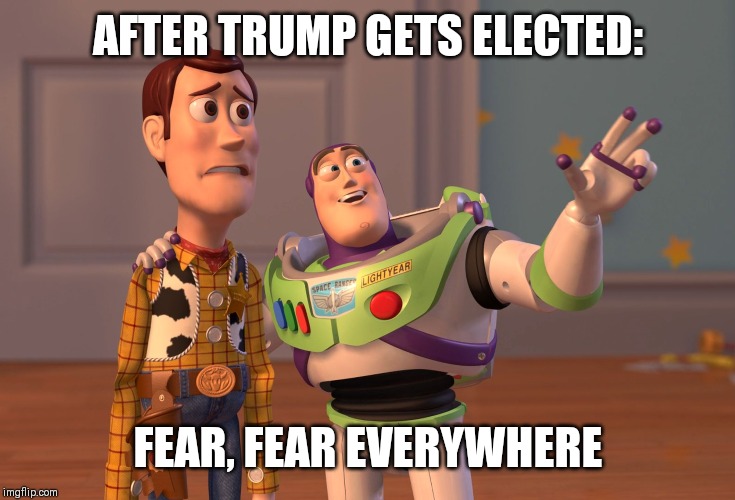 X, X Everywhere | AFTER TRUMP GETS ELECTED:; FEAR, FEAR EVERYWHERE | image tagged in memes,x x everywhere | made w/ Imgflip meme maker