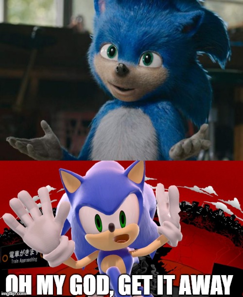 OH MY GOD, GET IT AWAY | image tagged in sonic movie meow,sonic freaks out | made w/ Imgflip meme maker