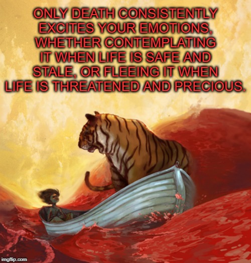 ONLY DEATH CONSISTENTLY EXCITES YOUR EMOTIONS, WHETHER CONTEMPLATING IT WHEN LIFE IS SAFE AND STALE, OR FLEEING IT WHEN LIFE IS THREATENED AND PRECIOUS. | image tagged in death,life | made w/ Imgflip meme maker