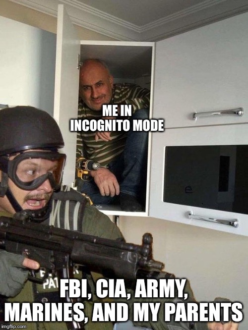 Man hiding in cubboard from SWAT template | ME IN INCOGNITO MODE; FBI, CIA, ARMY, MARINES, AND MY PARENTS | image tagged in man hiding in cubboard from swat template | made w/ Imgflip meme maker