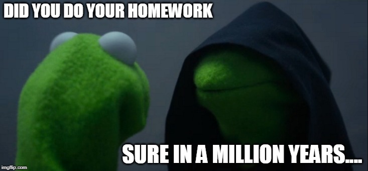 Evil Kermit | DID YOU DO YOUR HOMEWORK; SURE IN A MILLION YEARS.... | image tagged in memes,evil kermit | made w/ Imgflip meme maker