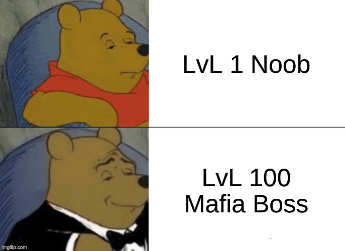 Tuxedo Winnie The Pooh Meme | LvL 1 Noob; LvL 100 Mafia Boss | image tagged in memes,tuxedo winnie the pooh | made w/ Imgflip meme maker