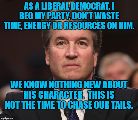 Brett Kavanaugh  | AS A LIBERAL DEMOCRAT, I BEG MY PARTY, DON'T WASTE TIME, ENERGY OR RESOURCES ON HIM. WE KNOW NOTHING NEW ABOUT HIS CHARACTER.  THIS IS NOT THE TIME TO CHASE OUR TAILS. | image tagged in brett kavanaugh | made w/ Imgflip meme maker
