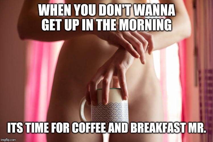 Erotic sexy | WHEN YOU DON'T WANNA GET UP IN THE MORNING; ITS TIME FOR COFFEE AND BREAKFAST MR. | image tagged in erotic sexy | made w/ Imgflip meme maker