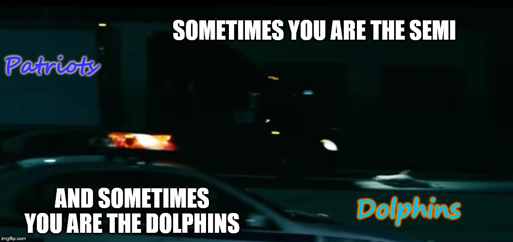 Dolphin v. semi truck | SOMETIMES YOU ARE THE SEMI; Patriots; AND SOMETIMES YOU ARE THE DOLPHINS; Dolphins | image tagged in dolphin rescue the boys,memes,nfl,new england patriots,miami dolphins | made w/ Imgflip meme maker