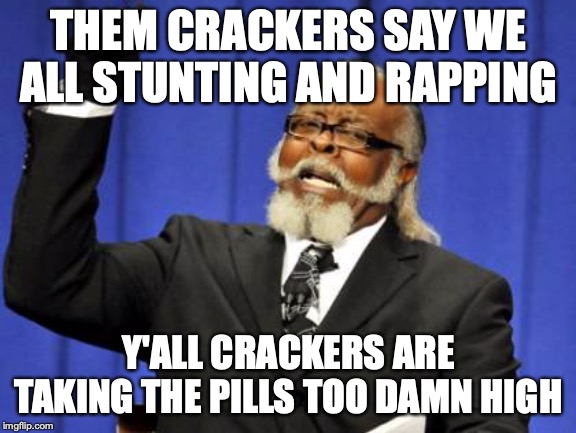Too Damn High | THEM CRACKERS SAY WE ALL STUNTING AND RAPPING; Y'ALL CRACKERS ARE TAKING THE PILLS TOO DAMN HIGH | image tagged in memes,too damn high | made w/ Imgflip meme maker