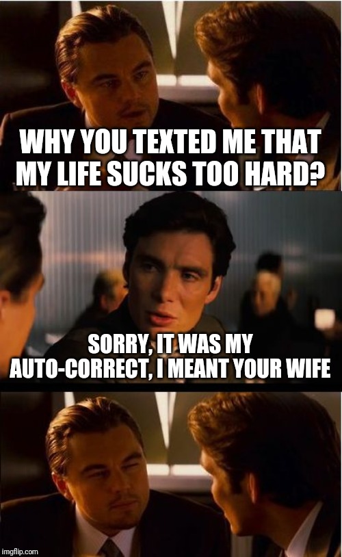 Inception Meme | WHY YOU TEXTED ME THAT MY LIFE SUCKS TOO HARD? SORRY, IT WAS MY AUTO-CORRECT, I MEANT YOUR WIFE | image tagged in memes,inception | made w/ Imgflip meme maker