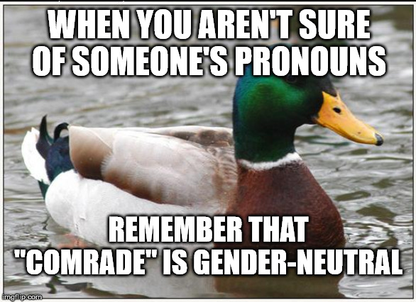 Actual Advice Mallard Meme | WHEN YOU AREN'T SURE OF SOMEONE'S PRONOUNS; REMEMBER THAT "COMRADE" IS GENDER-NEUTRAL | image tagged in memes,actual advice mallard,gender-neutral,transgender,communism,socialism | made w/ Imgflip meme maker