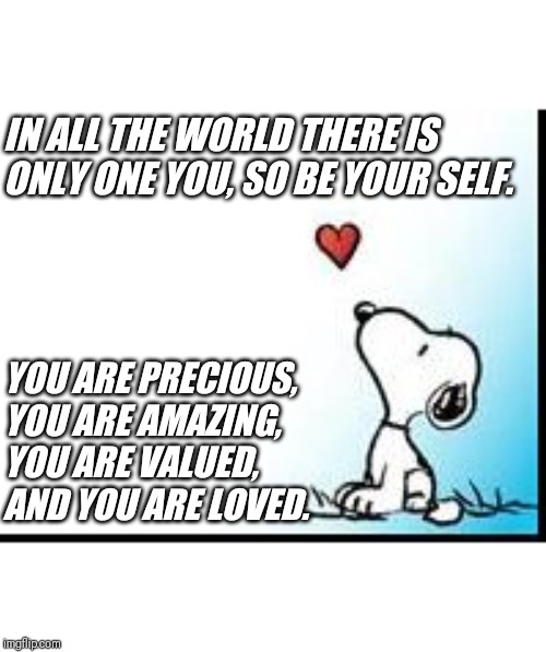 snoopy heart | IN ALL THE WORLD THERE IS ONLY ONE YOU, SO BE YOUR SELF. YOU ARE PRECIOUS, YOU ARE AMAZING, YOU ARE VALUED, AND YOU ARE LOVED. | image tagged in snoopy heart | made w/ Imgflip meme maker