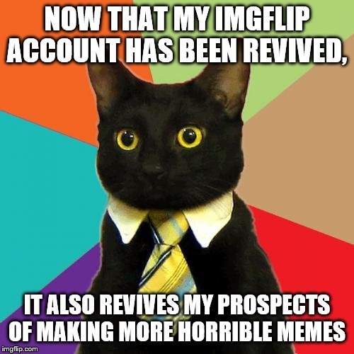 Business Cat | NOW THAT MY IMGFLIP ACCOUNT HAS BEEN REVIVED, IT ALSO REVIVES MY PROSPECTS OF MAKING MORE HORRIBLE MEMES | image tagged in memes,business cat | made w/ Imgflip meme maker