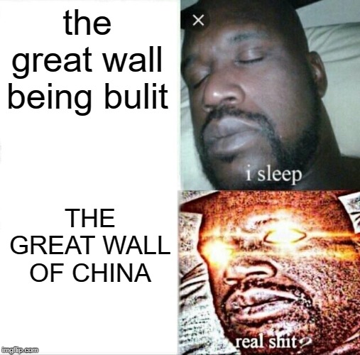 Sleeping Shaq | the great wall being bulit; THE GREAT WALL OF CHINA | image tagged in memes,sleeping shaq | made w/ Imgflip meme maker