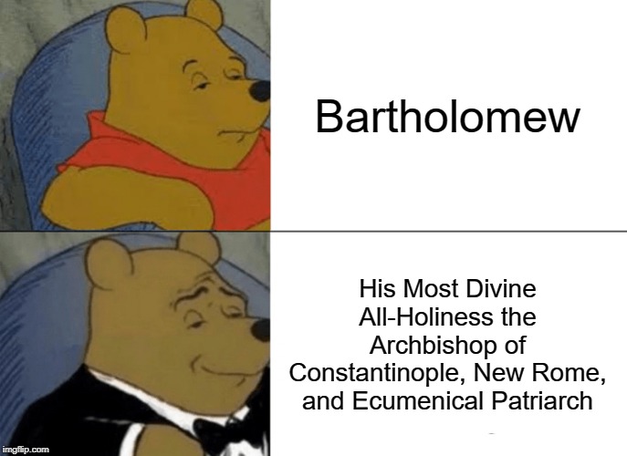 Tuxedo Winnie The Pooh Meme | Bartholomew; His Most Divine All-Holiness the Archbishop of Constantinople, New Rome, and Ecumenical Patriarch | image tagged in memes,tuxedo winnie the pooh | made w/ Imgflip meme maker