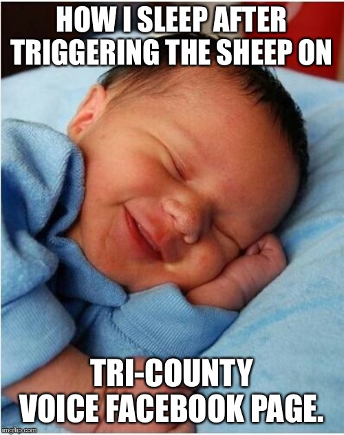 baby sleeping 2 | HOW I SLEEP AFTER TRIGGERING THE SHEEP ON; TRI-COUNTY VOICE FACEBOOK PAGE. | image tagged in baby sleeping 2 | made w/ Imgflip meme maker