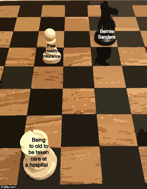 Chess | Bernie Sanders; Free Health Insurance; Being to old to be taken care at a hospital | image tagged in chess | made w/ Imgflip meme maker
