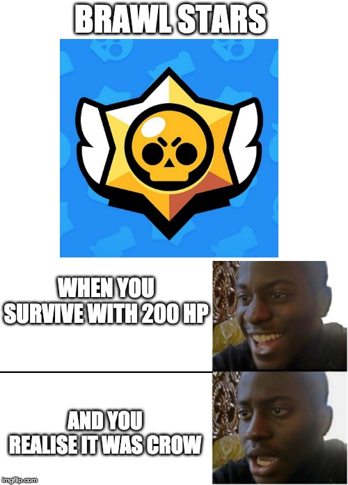 BRAWL STARS; WHEN YOU SURVIVE WITH 200 HP; AND YOU REALISE IT WAS CROW | image tagged in blank white template,disappointed black guy | made w/ Imgflip meme maker