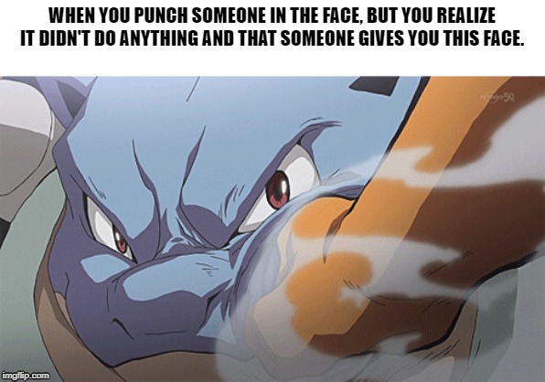 You screwed up |  WHEN YOU PUNCH SOMEONE IN THE FACE, BUT YOU REALIZE IT DIDN'T DO ANYTHING AND THAT SOMEONE GIVES YOU THIS FACE. | image tagged in blastoise,charizard,pokemon,reality,real life,angry | made w/ Imgflip meme maker