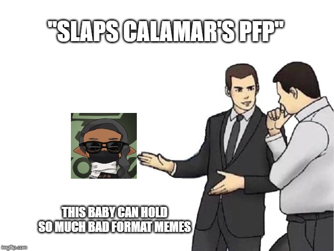 Car Salesman Slaps Hood | "SLAPS CALAMAR'S PFP"; THIS BABY CAN HOLD SO MUCH BAD FORMAT MEMES | image tagged in memes,car salesman slaps hood | made w/ Imgflip meme maker