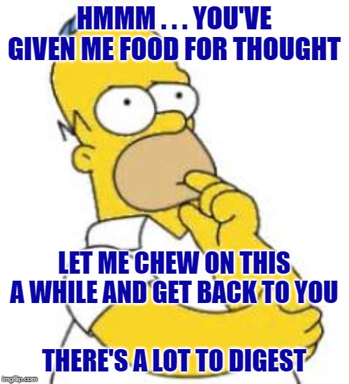 Homer Simpson Hmmmm | HMMM . . . YOU'VE GIVEN ME FOOD FOR THOUGHT THERE'S A LOT TO DIGEST LET ME CHEW ON THIS A WHILE AND GET BACK TO YOU | image tagged in homer simpson hmmmm | made w/ Imgflip meme maker