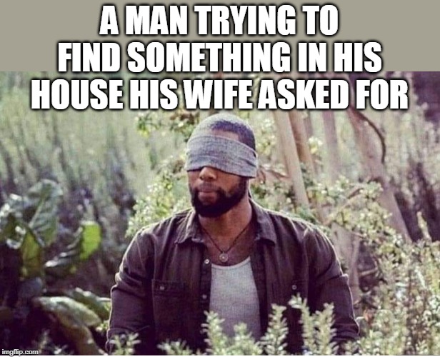 husband is blind | A MAN TRYING TO FIND SOMETHING IN HIS HOUSE HIS WIFE ASKED FOR | image tagged in husband,unable to find anything,clueless | made w/ Imgflip meme maker