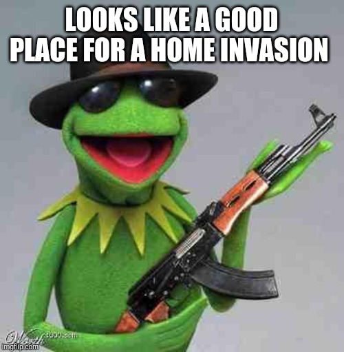 kermit Gangsta | LOOKS LIKE A GOOD PLACE FOR A HOME INVASION | image tagged in kermit gangsta | made w/ Imgflip meme maker