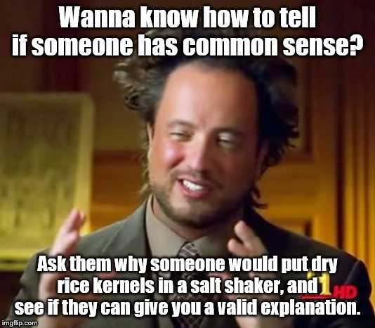 If they can't explain it, then they don't. | Wanna know how to tell if someone has common sense? Ask them why someone would put dry rice kernels in a salt shaker, and see if they can give you a valid explanation. | image tagged in memes,ancient aliens,salt,dry,rice,common sense | made w/ Imgflip meme maker