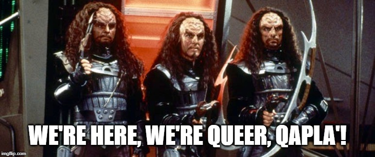 The House of Gay Klingons | WE'RE HERE, WE'RE QUEER, QAPLA'! | image tagged in star trek klingon warriors | made w/ Imgflip meme maker