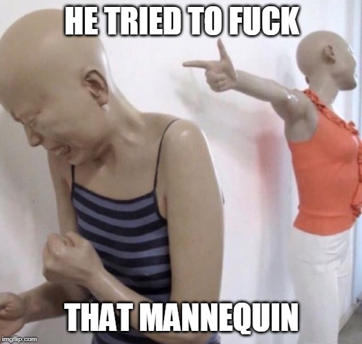 Pointing Mannequin | HE TRIED TO F**K THAT MANNEQUIN | image tagged in pointing mannequin | made w/ Imgflip meme maker